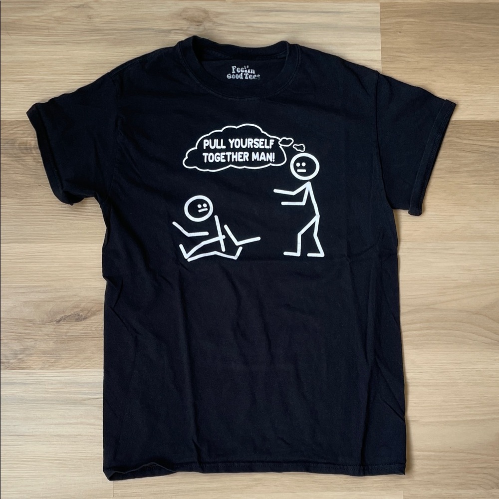 Boys Black Graphic Tee with Stick Figure 'Pull Yourself Together Man' - Size S